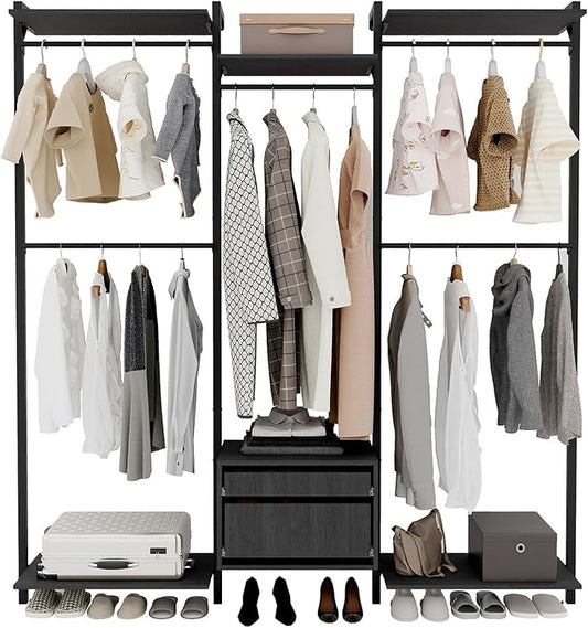 Wall-Mounted Steel & Wood Closet Organizer System with 4 Adjustable Shelves, 5 Hanging Rods, and 2 Drawers – Modern Open Wardrobe, Black