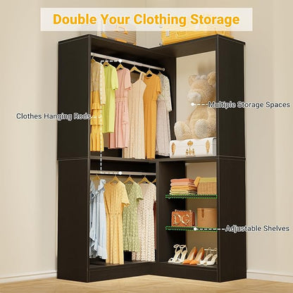 Unikito Corner Closet System, 36” Large Freestanding Closet Organizer Tower with 2 Hanging Rods and Storage Shelves, Sturdy Walk in Closet Kits for Bedroom and Entryway, 36" W x 36" D x 80" H, Black