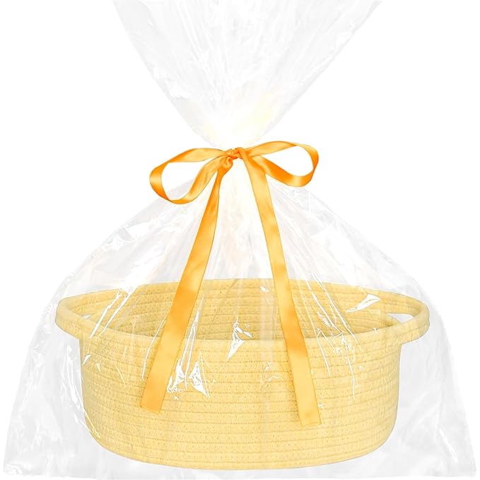 ABenkle Small Basket with Gift Bags and Ribbons, Empty Gift Baskets for Mother's Day, Decorative Boho Rope Woven Nursery Storage Organizer Toy Baskets with Handle for Baby Showers, 12"X 8" X 5"