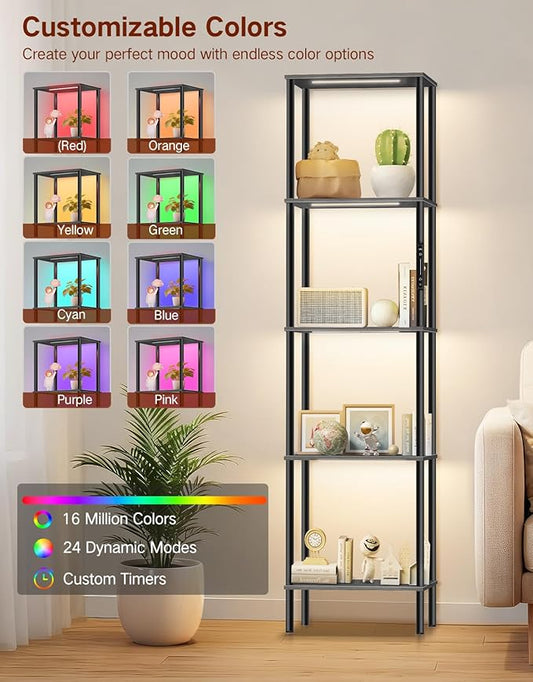 5 Tier Display Shelves with RGB Lights, Display Cabinet with Touch & APP & Remote Control, Dimmable Bookshelf with Music Sync, Adjustable Color Lighting for Living Room, Bedroom(Black)