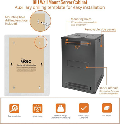 Tecmojo 18U Wall Mount Rack Network Cabinet for 19" IT Equipment,with Lockable Glass Door and Side Panels,Cooling Fan,Black,17.7inch Depth for AV/Computer/Electronics Equipment Data Rack