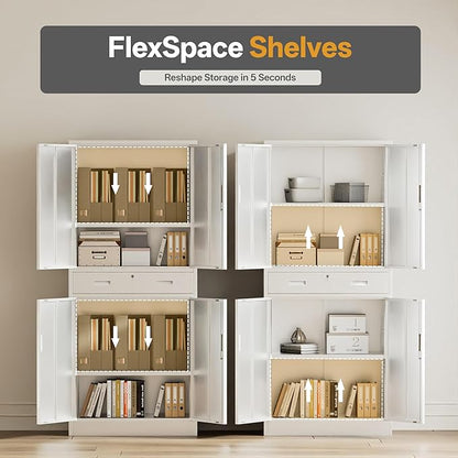 Metal Storage with 1 Drawer, 71" Cabinet with 4 Locking Doors and 2 Adjustable Shelves, Steel Storage File Cabinet for Pantry, Kitchen, Office, Garage (White)