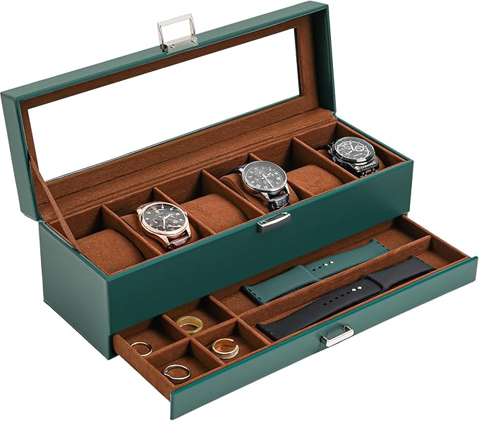 ProCase Watch Box, 6 Slot Watches Display Case with Drawer, Mens Watch Case with Glass Lid, 2-Layer Mens Jewelry Organizer Storage Holder, Birthday Valentine Gifts for Men -6 Slot, MidnightGreen