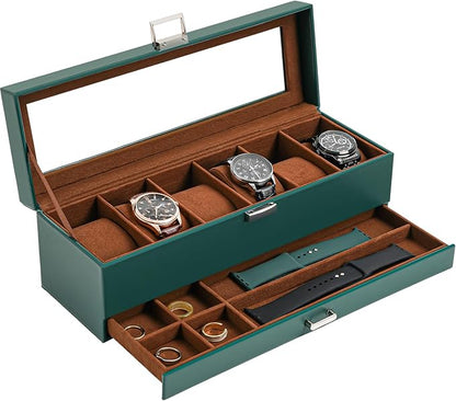 ProCase Watch Box, 6 Slot Watches Display Case with Drawer, Mens Watch Case with Glass Lid, 2-Layer Mens Jewelry Organizer Storage Holder, Birthday Valentine Gifts for Men -6 Slot, MidnightGreen