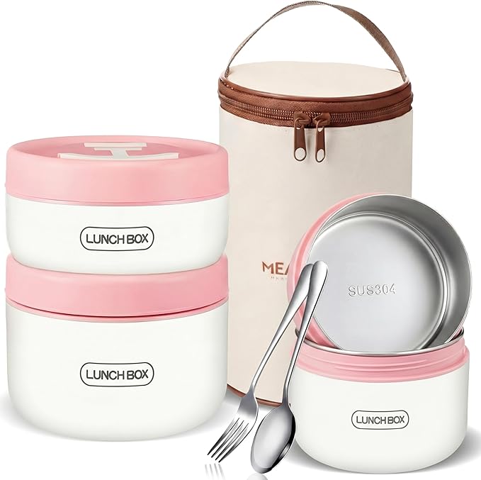 Dandat 3 Pcs Portable Insulated Lunch Container Set for Adult, Stackable Stainless Steel Bento Box for Hot Food with Insulated Lunch Bag Unisex 3 Separate Thermal Food Container (Pink)