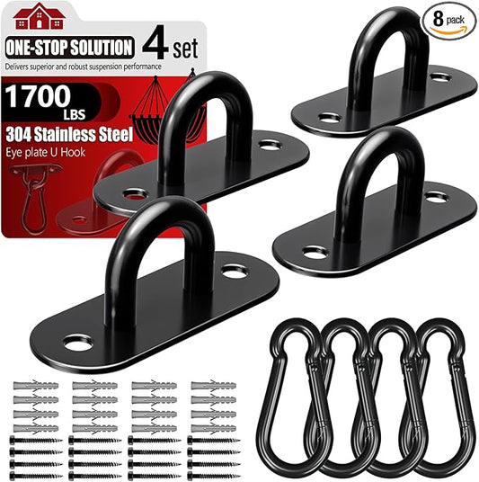 sprookber 304 Stainless Steel Pad Eye Snap Hooks, M10 Heavy Duty Ceiling Hooks, 1700lb Capacity Hammock Swing Hanging kit, Plant Hangers, Marine Hardware Staple Hook Loop with Screws, Set of 8(Black)