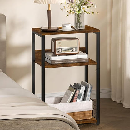 LELELINKY Large Brown Record Player Stand, 3 Tier 18" Wide Big End Table with Vinyl Storage Up to 130 Albums, Industrial Turntable Printer Tables, Modern Side Tables for Living Room, Bedroom, Office