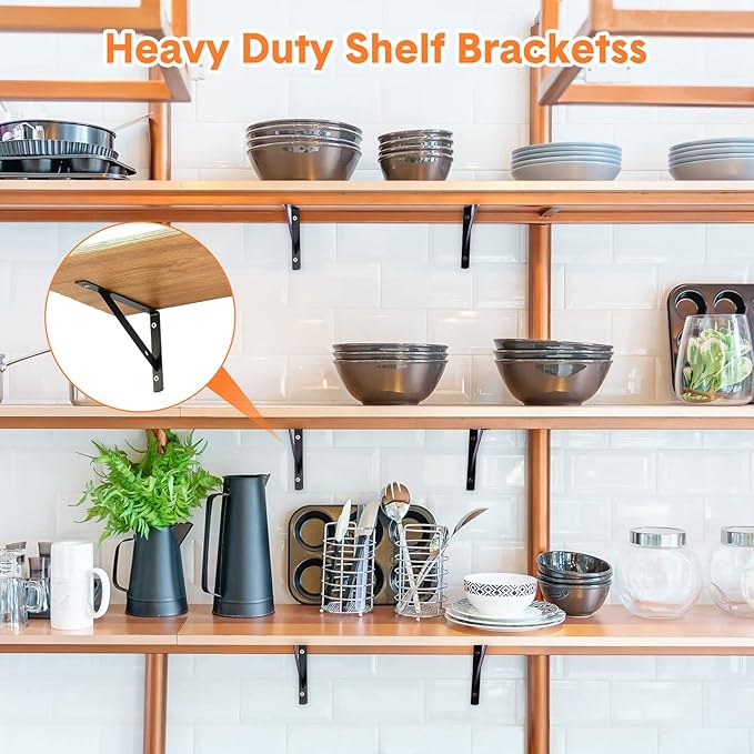 Nuogo 40 Pack Heavy Duty Shelf Brackets Bulk Metal Floating Shelving Support Wall Mounted 90 Degree Triangle Corner L Brackets for Garage with Hardware, Black (8 Inch)