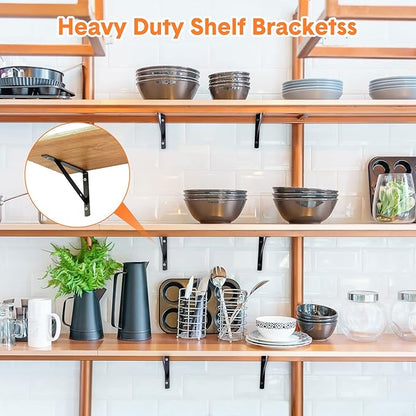 Nuogo 40 Pack Heavy Duty Shelf Brackets Bulk Metal Floating Shelving Support Wall Mounted 90 Degree Triangle Corner L Brackets for Garage with Hardware, Black (8 Inch)