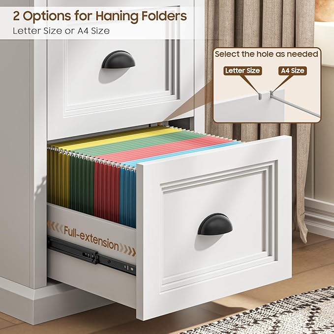Vertical File Cabinet, Filing Cabinet with 2 File Drawers, Farmhouse Small File Cabinet Fits Letter/A4 Size, Wooden Printer Stand, Under Desk Cabinets for Home Office, White and Black