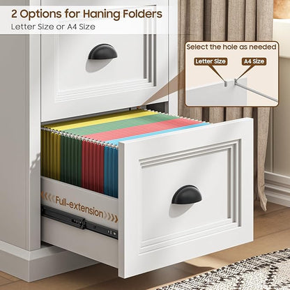 Vertical File Cabinet, Filing Cabinet with 2 File Drawers, Farmhouse Small File Cabinet Fits Letter/A4 Size, Wooden Printer Stand, Under Desk Cabinets for Home Office, White