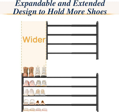 ENJOYBASICS Expandable Shoe Rack, 46.5'' Wide - 24 Pairs Adjustable Shoe Organizer Shelf for Closet, 4-Tier Black Metal Free Standing Shoe Rack Storage for Garage, Entryway