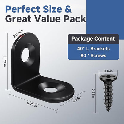 40PCS L Brackets, Black Small Corner Brackets for Wood, Stainless Steel Corner Brace with 80 Screws, Metal Right Angle Bracket for Furniture Cabinet Shelves Drawer Chair (0.79 x 0.79 in)