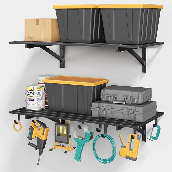 2-Pack 2x4ft Garage Shelving Wall Mounted, Heavy Duty Garage Wall Shelving with Hooks, 500 lbs Capacity Industrial Storage Shelves for Garage Organization