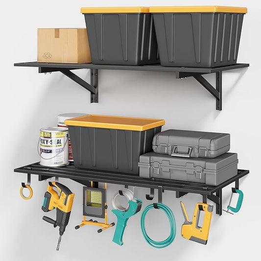 2-Pack 2x4ft Garage Shelving Wall Mounted, Heavy Duty Garage Wall Shelving with Hooks, 500 lbs Capacity Industrial Storage Shelves for Garage Organization