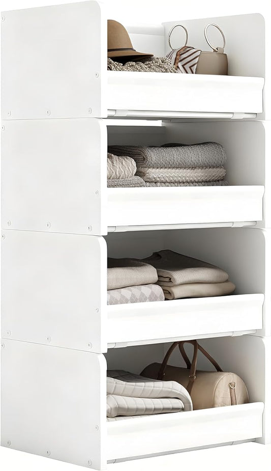 4-Tier Stackable Closet Organizer and Storage Stackable Shelves – Heavy-Duty Darwers Wood & Metal, Easy Assembly, Space-Saving Vertical Storage for Bedroom, Closet, Patent Design