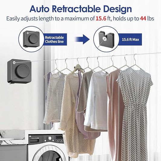 Retractable Clothesline Indoor, Non-Sagging Clothes Line Retracting Outdoors,15.6Ft Heavy Duty Clothes Drying Laundry Line, Wall Mounted Clothesline with 5pcs Stainless Steel Hooks (Grey)