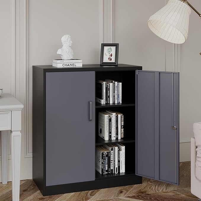 Metal Storage Cabinets with Locking Doors & 2 Adjustable Shelves, Lockable Steel Office Cabinets, Counter Caninet Small Locking Cabnet Locked Tool Cabnets for Home, Office, Garage, Hallway