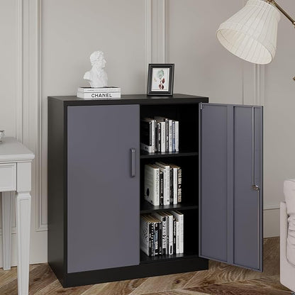 Metal Storage Cabinets with Locking Doors & 2 Adjustable Shelves, Lockable Steel Office Cabinets, Counter Caninet Small Locking Cabnet Locked Tool Cabnets for Home, Office, Garage, Hallway