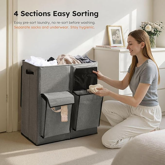 SOLEDI Double Laundry Hamper with Lid, 47.8 Gal (180L) Large Laundr Basket 2 Section with 2 Side Pockets, Dirty Clothes Hamper with Removable Bag, Easy to Carry for Laundry Room, Bedroom, Grey