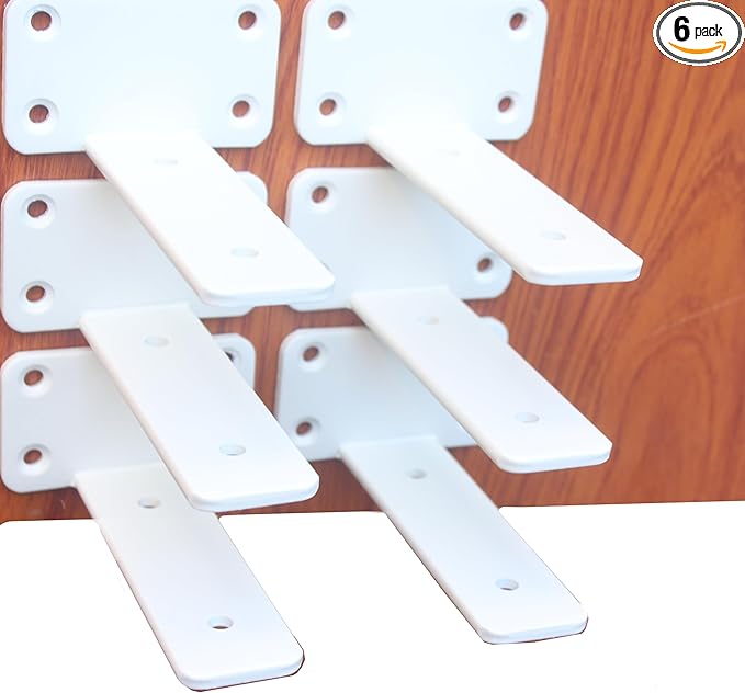 6 Pack - 6 inch White Hidden L Shelf Bracket (1/5 Inch Thicked) Iron Floating Shelf Brackets Rustic Industrial Metal Brackets for Shelf Support