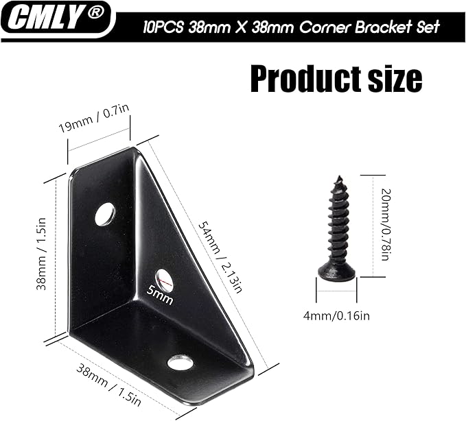 CMLY Corner Brackets, 10Pcs 38mm x 38mm, Black Steel, Triangle Shelf Brackets, Corner Desk Connectors for Wood, Metal, Table, Cabinet