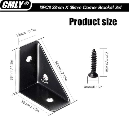 CMLY Corner Brackets, 10Pcs 38mm x 38mm, Black Steel, Triangle Shelf Brackets, Corner Desk Connectors for Wood, Metal, Table, Cabinet