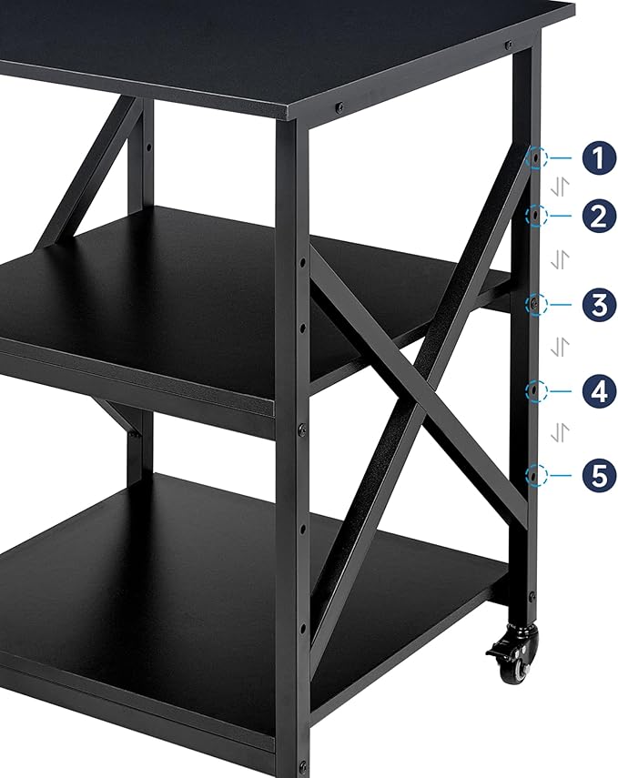 Printer Stand, 23.6 x 23.6 x 30.1 Inches Large Square Printer Table with Height Adjustable Storage Shelf, 3 Tier Rolling Printer Cart with Industrial Wheels for Home Office - Black