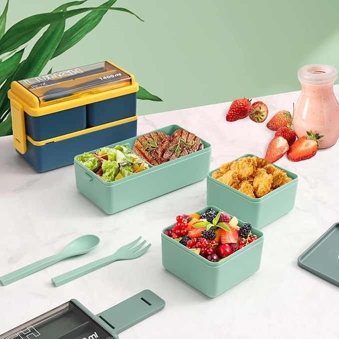 2 Pack Bento Box Adult Lunch Box,49OZ Leakproof Eco-Friendly Stackable Bento Lunch Box Meal Prep for Dining Out, Work, Picnic, School (green+blue)