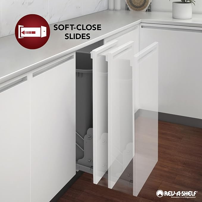 Rev-A-Shelf 24" Divided Storage Bin for Kitchen or Bathroom Cabinets, Food Storage Containers/Utensils Organizer w/Soft-Close, Wood, 4FSCO-24SC-1
