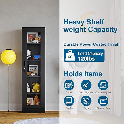 Display Storage Cabinet with Glass Doors, 65 Inches Metal Curio Cabinets with 4 Adjustable Shelves, HD Tempered Glass Cabinet Display Case for Home, Office, Pantry, Assemble Required (Black)