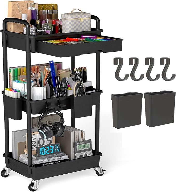 3 Tier Rolling Utility Cart with Drawer, Plastic Storage Organizer Rolling Carts with Wheels Handles Hanging Cups Hooks for Office, Bathroom, Kitchen,Craft Art Room (Black)