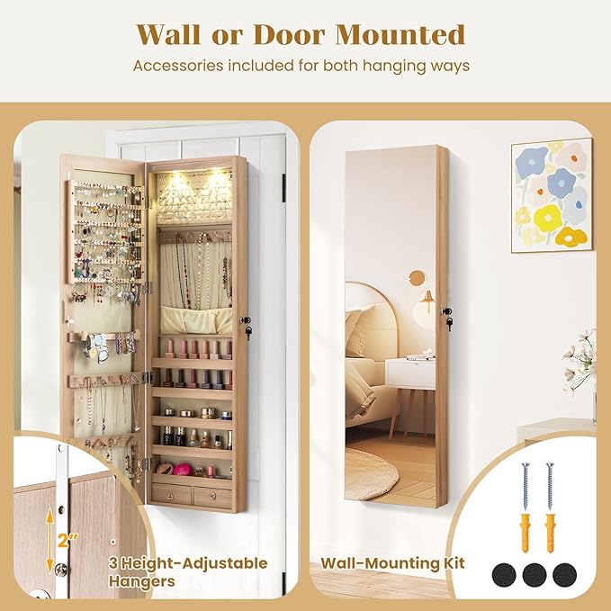 Giantex Wall or Door Mounted Jewelry Armoire with 47.5" Full Length Mirror, Lockable Cabinet with 2 LED Lights, 2 Drawers, Over the Door Large Jewelry Storage Organizer (Light Oak)