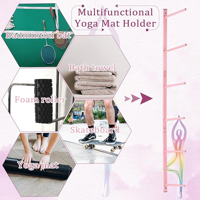 Yoga Mat Holder Wall Mount Yoga Mat Storage Holder Yoga Mat Organizer Skateboard Wall Mount for Foam Rollers Skateboard Ski Board