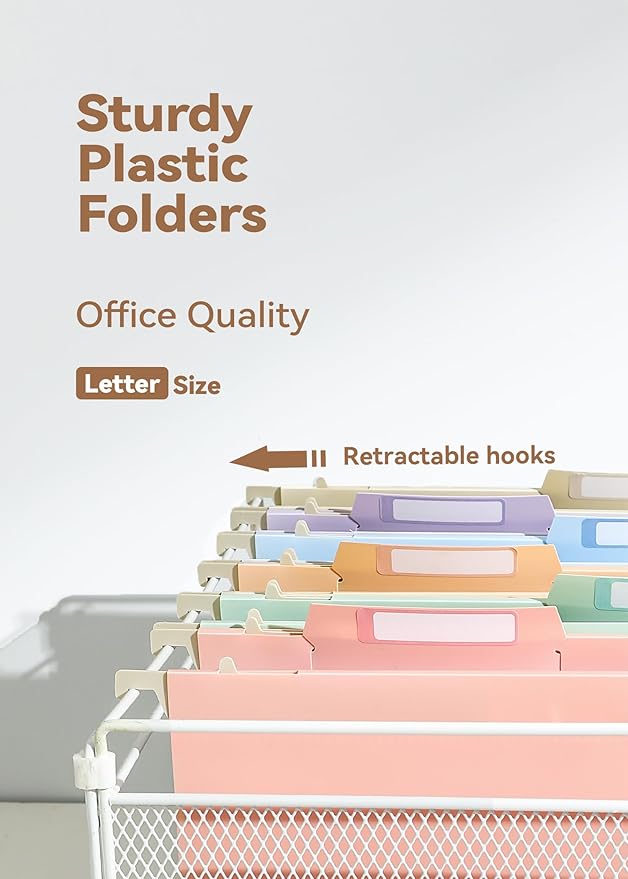 Plastic High Capacity Hanging File Folders, 4" Expansion for Bulky Documents, Side-Sealed Pocket, Holds Heavy Files, Letter Size, Movable Dividers, Insertable Tabs, 6 Pack, Pastel Colors