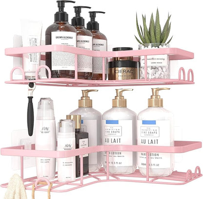 Corner Shower Caddy - 2 Pack, Adhesive Shower Organizers, Rustproof Stainless Steel Shower Shelves with 8 Hooks, No Drilling Bathroom Organizers and Storage Racks, Space-Saving, Pink, Large