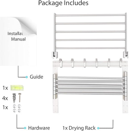brightmaison BGT Wash Clothes Drying Rack Wall Mount Laundry Room Organizer with Hooks & Swing Arms, 17" Metal Laundry Rack Silver