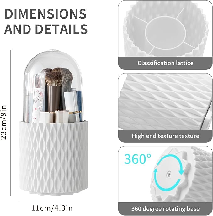 Makeup Brush Holder Organizer - 360° Rotating Makeup Brush Organizer 5 Slot Make up Brushes Cup for Cosmetics, Lipsticks, Art Supply, Bathroom Vanity Desktop Storage, White with Cover