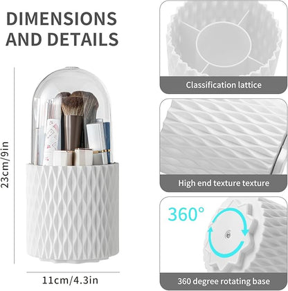 Makeup Brush Holder Organizer - 360° Rotating Makeup Brush Organizer 5 Slot Make up Brushes Cup for Cosmetics, Lipsticks, Art Supply, Bathroom Vanity Desktop Storage, White with Cover