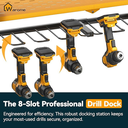 Warome Garage Power Tool Organizer with 8-Outlet Power Strip, Tool Storage Rack Wall Mount with 8 Cordless Drill Holders, Tool Organization Shelf with Charging Station in Yellow