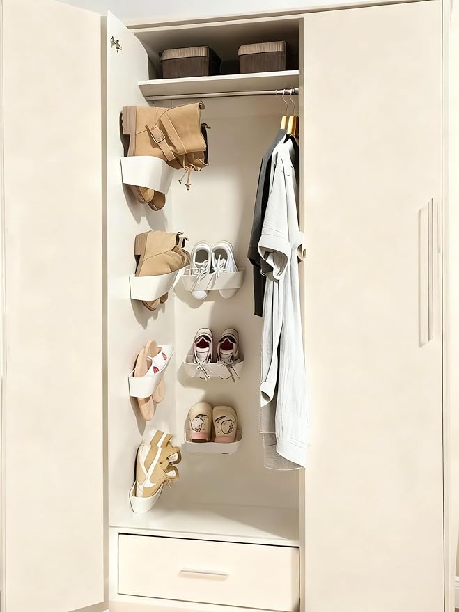 4PCS Wall Mounted Shoe Rack with Sticky Strips, Space Saving Hanging Shoe Rack, No-Drill Hanging Shoe Shelves, Ideal for RV, Door, Wall, Closet