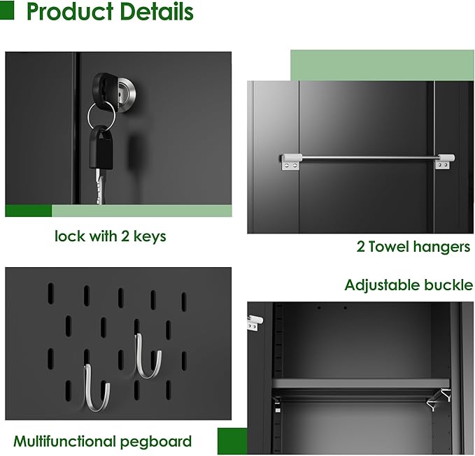Metal Broom Closet Storage Cabinet, Garage Storage Cabinet with 5 Pegboard, Hanging Rod &13 Hooks for Garage Home,Black,Required Assembly,71.5" H x 31.5" W x 15.75" D