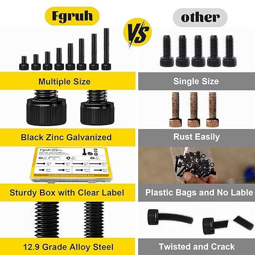 272PCS M5 Screws, Nuts and Washers Assortment kit, M5x8/10/12/16/20/25/30/35 mm Hex Socket Head Cap Bolts Assorted Set - 12.9 Alloy Steel, Black Zinc Plated Anti-Rust