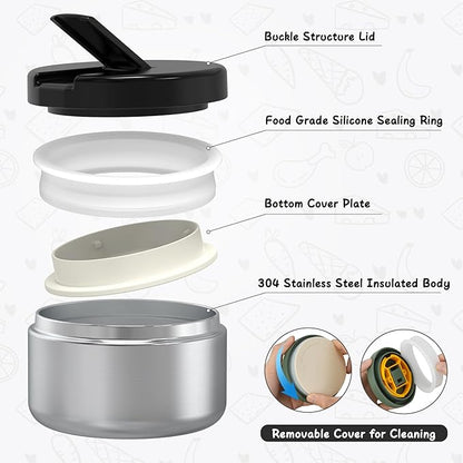 Bento Lunch Box with 8oz Soup Thermo, Leak-Proof Lunch Containers with 4 Compartment, Thermo Hot Food Jar and Insulated Lunch Box for School Black