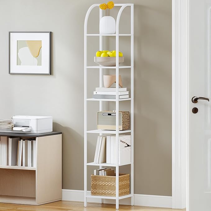 Bookshelf Narrow Bookcase, Tall Storage Rack with Steel Frame, Display Standing Shelf Unit, Skinny Book Shelf for Study Living Room Home Office, Industrial Style, 6-Tier White BC56013W