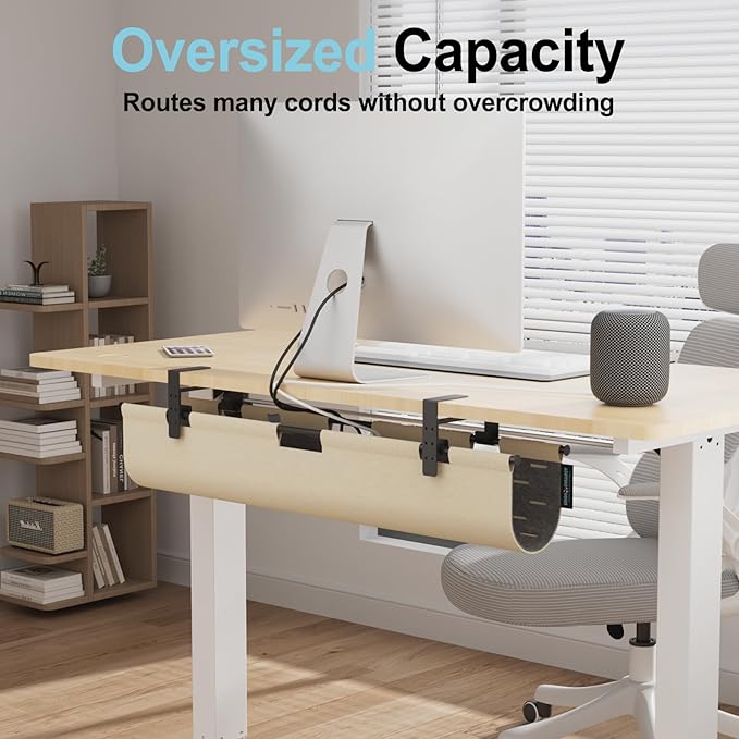 No Drill Under Desk Cable Management Tray, 30" Large Felt Cord Organizer with Pegboard-Style Design, Power Strip Holder, Privacy Panel for Standing Desk & Home Office, Clamp/Screw Mount (Khaki/Gray)