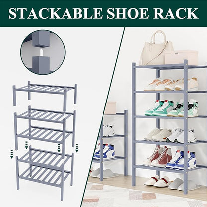 Smiry Bamboo Shoe Rack for Closet, 3 Tier Long Wooden Stackable Shoe Organizer, Free Standing Shoes Storage Shelf for Entryway, Front Door Entrance, Grey
