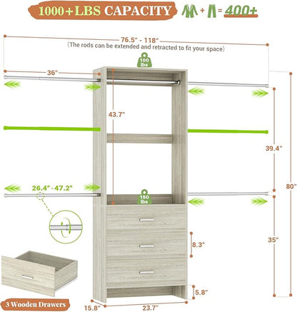 Aheaplus Closet System, Closet Organizer with 3 Wooden Drawers, Closet Organizer System, Walk-in Closet Wardrobe Clothes Rack with 4 Hanging Rods, Garment Rack, -4R,White Oak