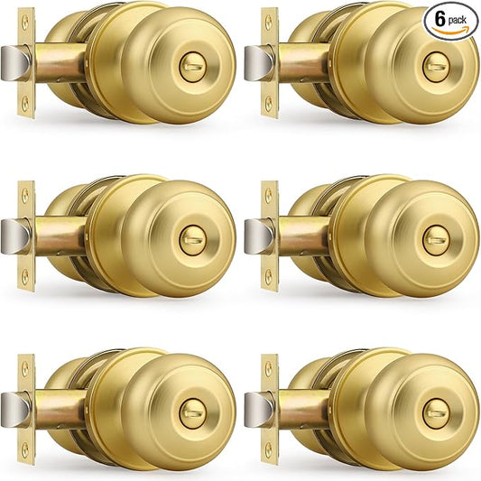 Probrico Gold Door Knobs for Bedroom Bathroom, Interior Door Knob with Round Ball, Brushed Brass Privacy Door Knob, 6 Pack