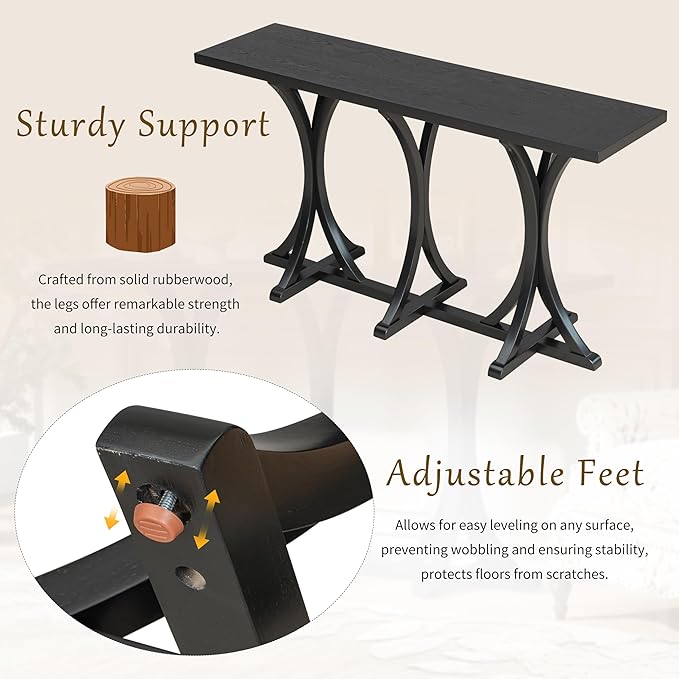 59.8" Wooden Console Table with Oak Veneer Top,Farmhouse Entryway Table with Rubber Wood Slender Curved Legs,Perfect for Living Room,Entryway,Hallway,Black